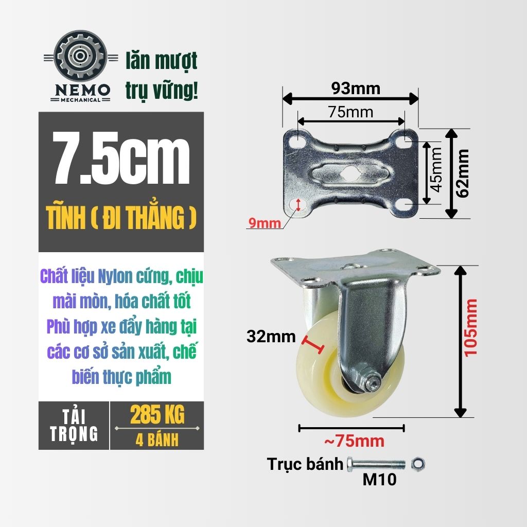 Bánh Xe Nylon Trắng Chịu Tải – Chuyên Dụng Kho Lạnh, Phòng Sạch (D75, D100, D125)